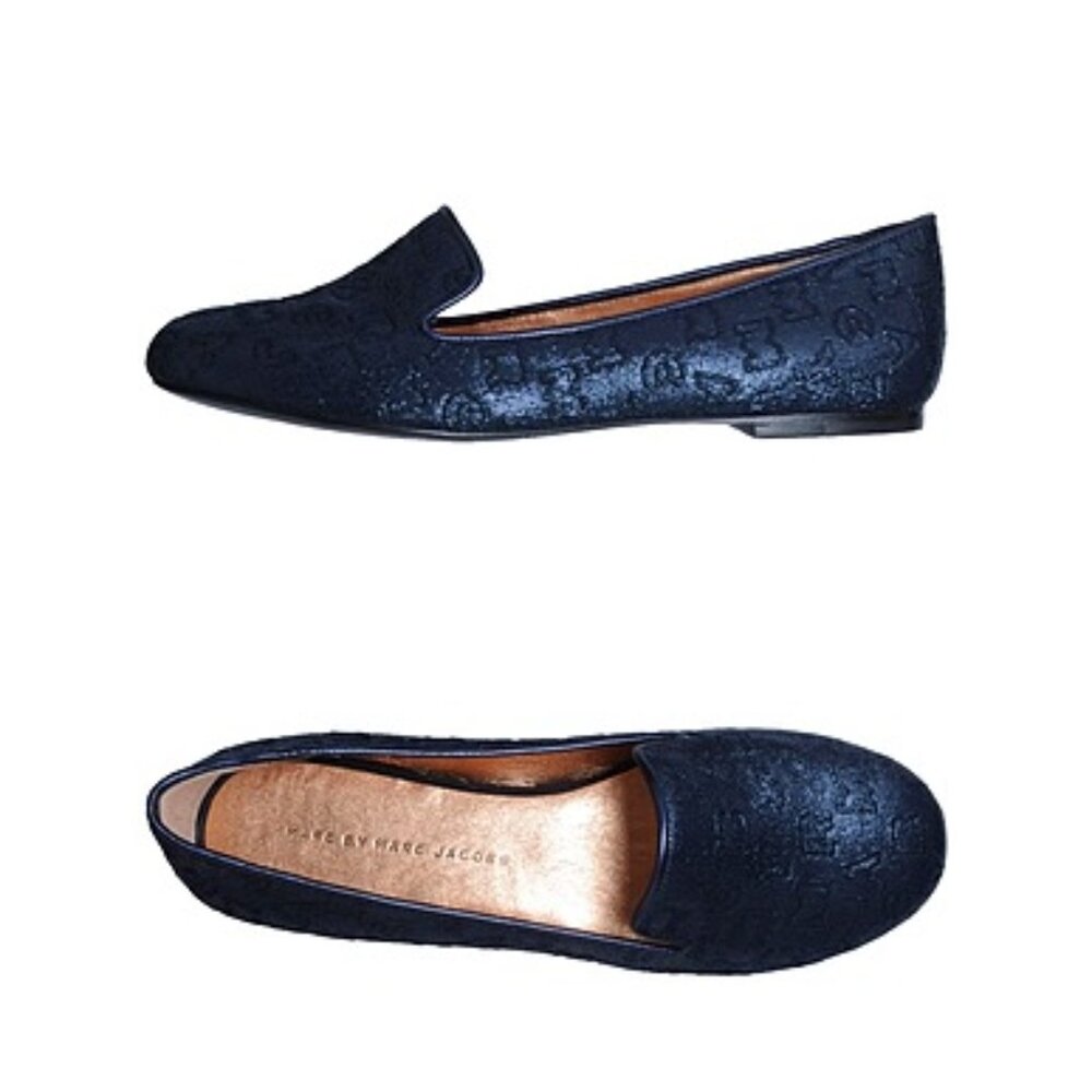 Marc by Marc Jacobs Navy Blue Shiny Textile Logo Loafers Dust Bag Size 7